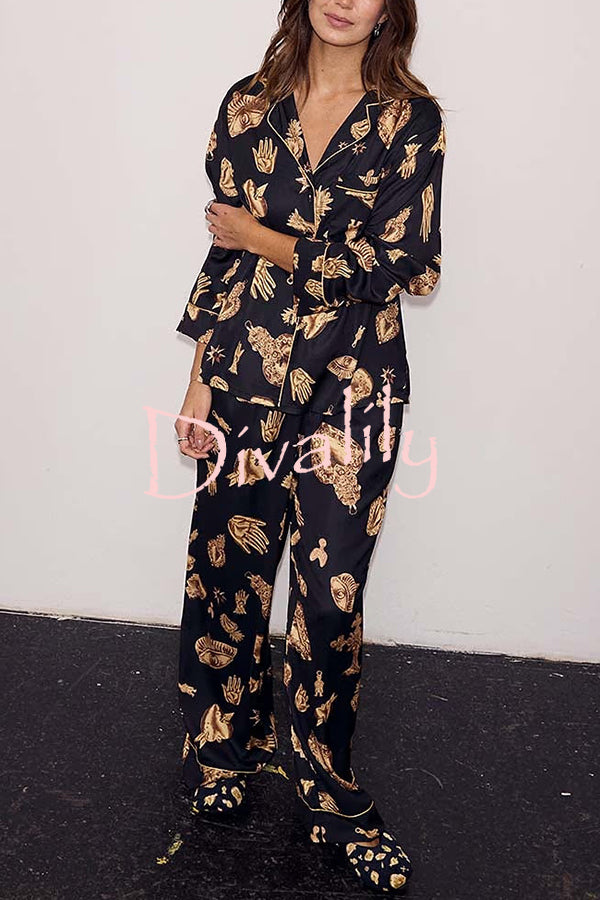 Golden Night Unique Print Color-block Trim Loose Shirt and Elastic Waist Pocketed Pajama Set