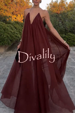 Flowing Lightweight Chiffon Chain Halter Neck Detail Backless A-line Maxi Dress