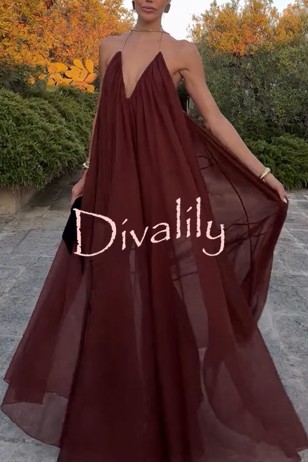 Flowing Lightweight Chiffon Chain Halter Neck Detail Backless A-line Maxi Dress