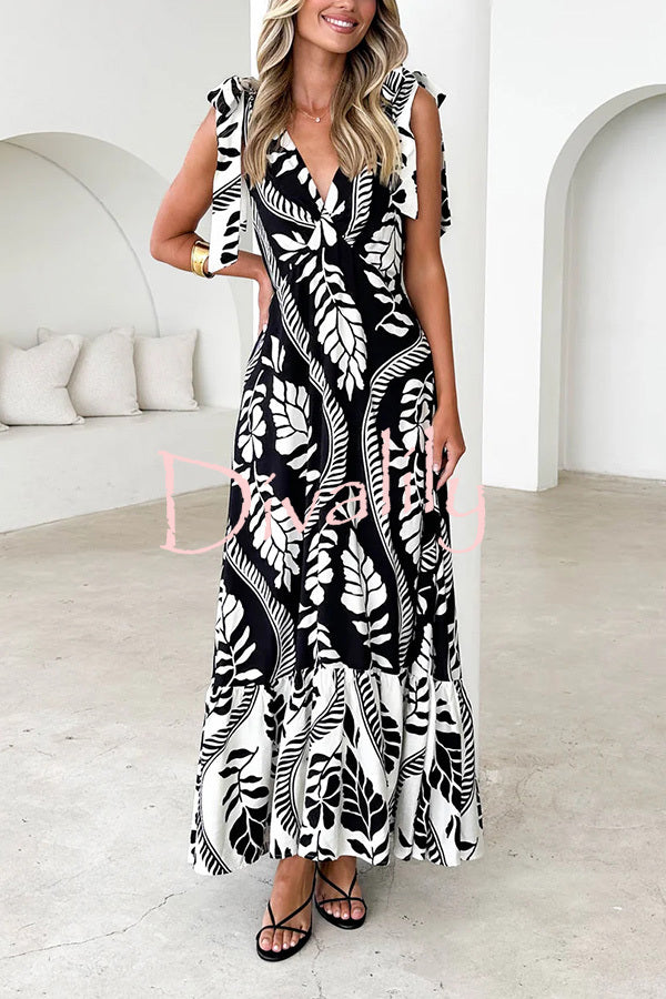 Unique Printed V-neck Sleeveless Lace-up Waist Maxi Dress