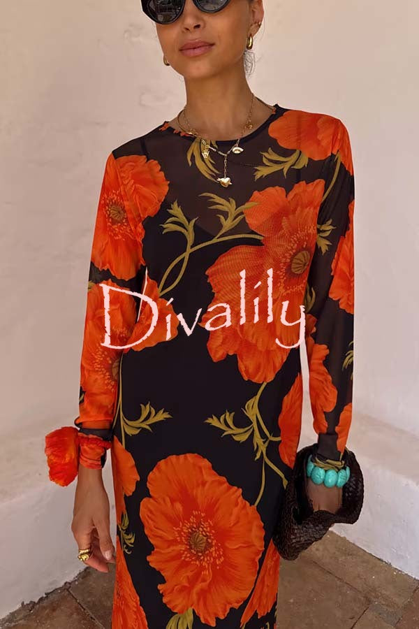 Perfect Cross-season Mesh Poppy Flower Print Long Sleeve Stretch Maxi Dress