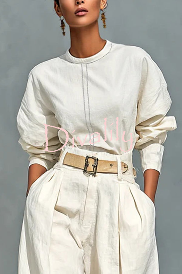 Fashionable Round Neck Long-sleeved Casual Top and High Waist Pocket Loose Wide-leg Pants Set