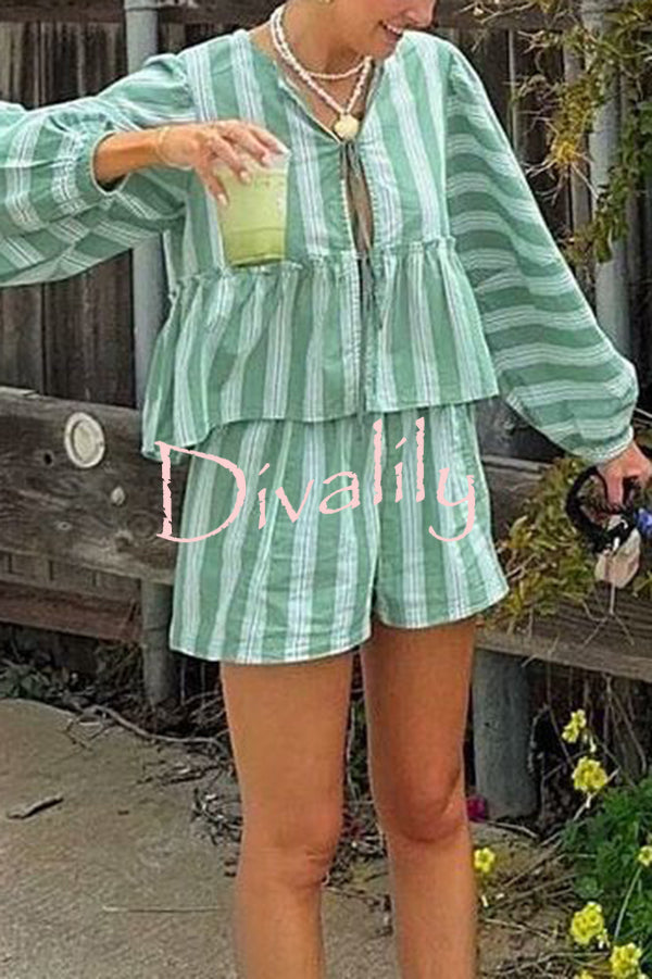 Stylish Striped Print V-neck Tie Top and Elastic Waist Loose Shorts Set