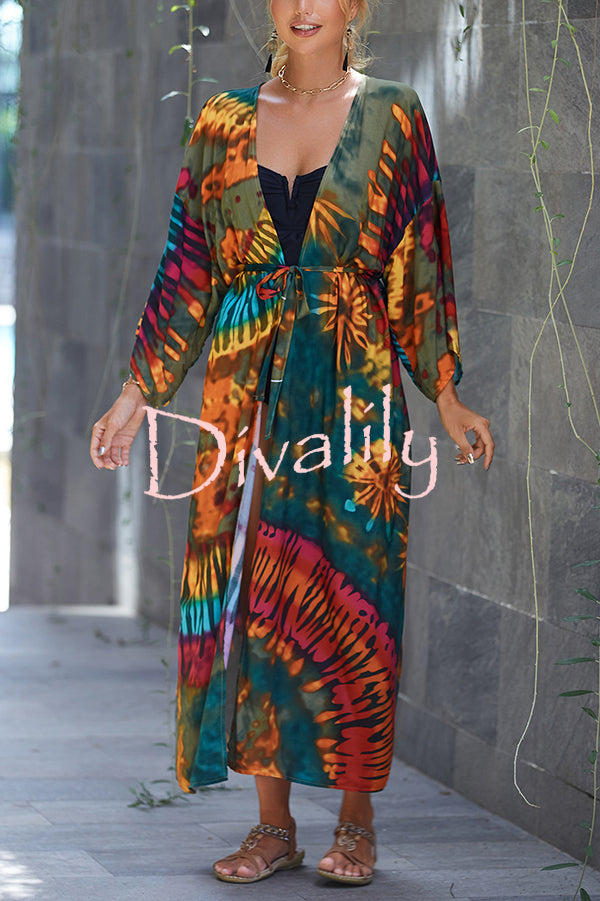 Unique Print Loose Lace Up Holiday Maxi Cover Up