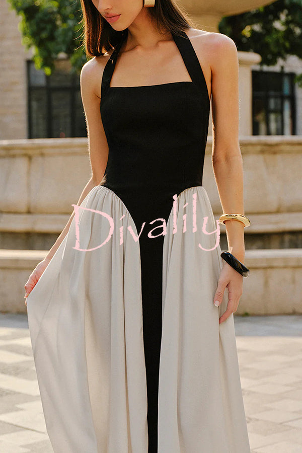 Fashion Contrast Color Stitching Sleeveless Backless Slim Maxi Dress