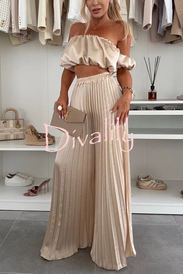 Jorie Satin Off Shoulder Puff Sleeve Crop Top and Elastic Waist Pleated Wide Leg Pants Set