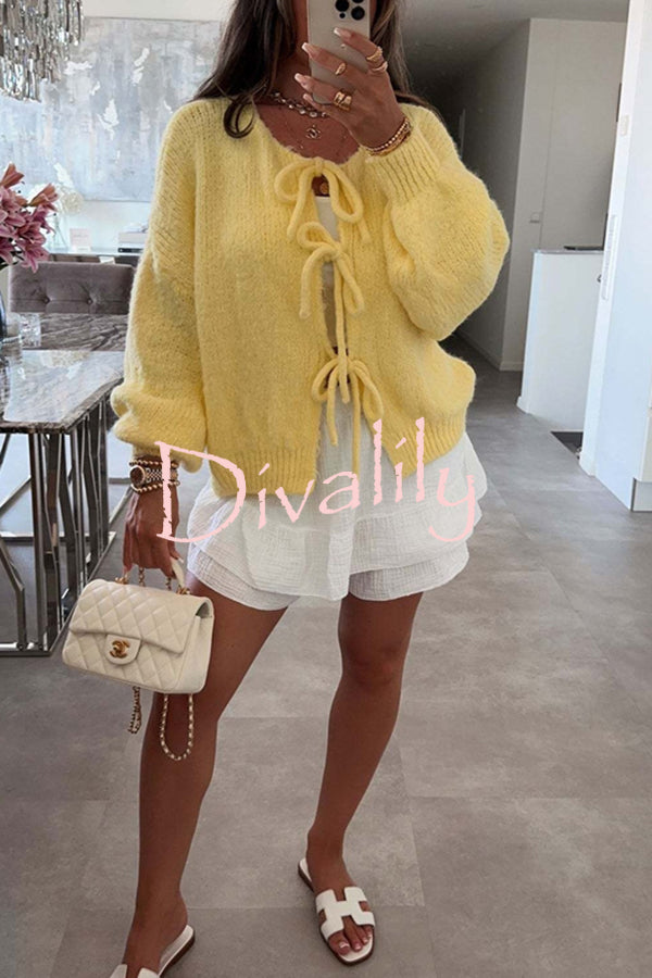 Solid Color Long-sleeved V-neck Lace-up Loose Knitted Sweater