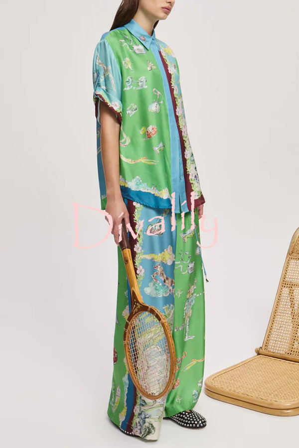 Unique Printed Lapel Short-sleeved Loose Shirt and Elastic Waist Tie Wide-leg Pants Set