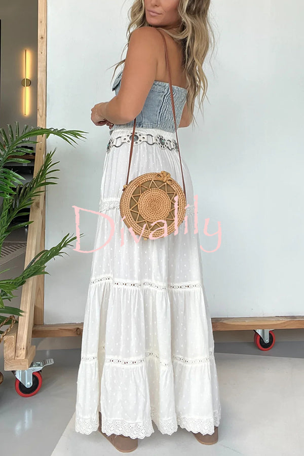 Fashion Lace Splicing Elastic Waist Loose High Slit Maxi Skirt