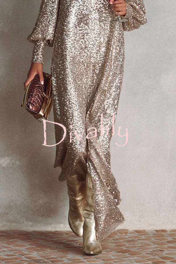 Minimalist Sparkling Sequin V-neck Long Balloon Sleeve Slit Party Maxi Dress