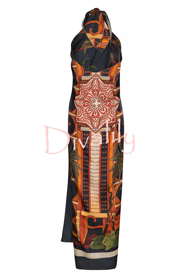 Jungle Elf Unique Print Halter Slit Midi Tank and Elastic Waist Wide Pants Set