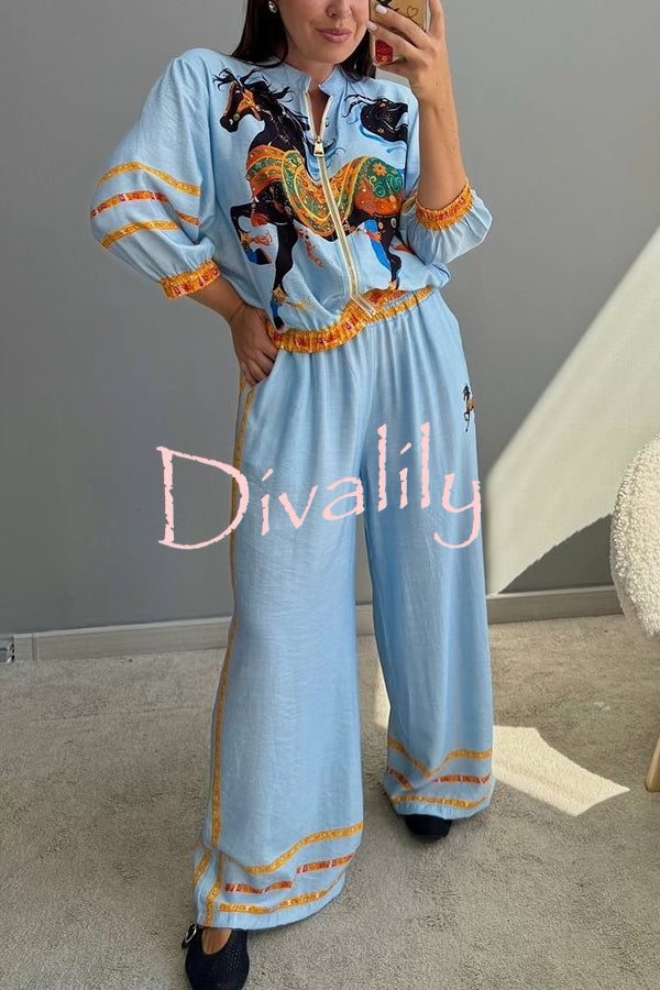 Unique Printed Long-sleeved Zip-up Loose Top and Elastic Waist Casual Wide-leg Pants Set