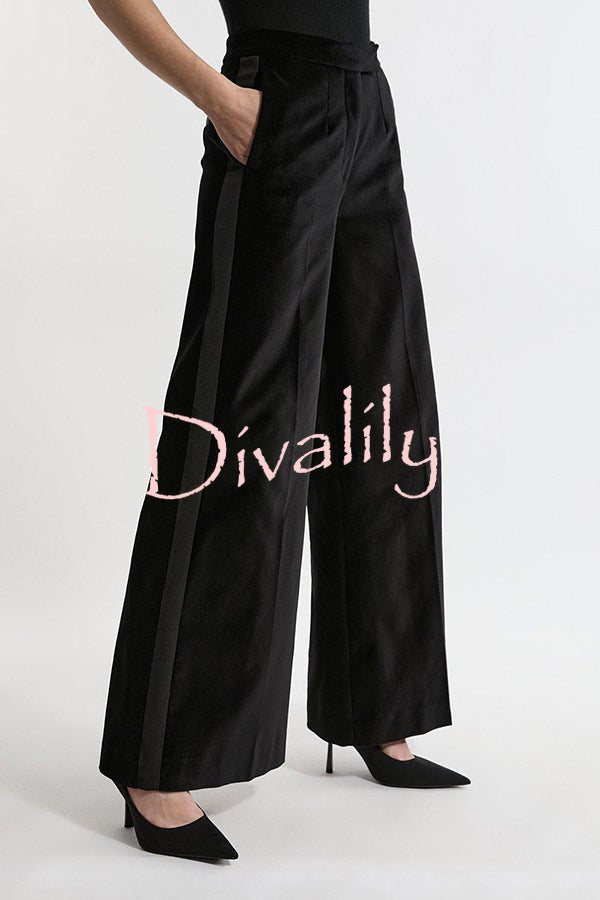 Cue The Cocktails Velvet Grosgrain Detail Pocketed Wide Leg Pants