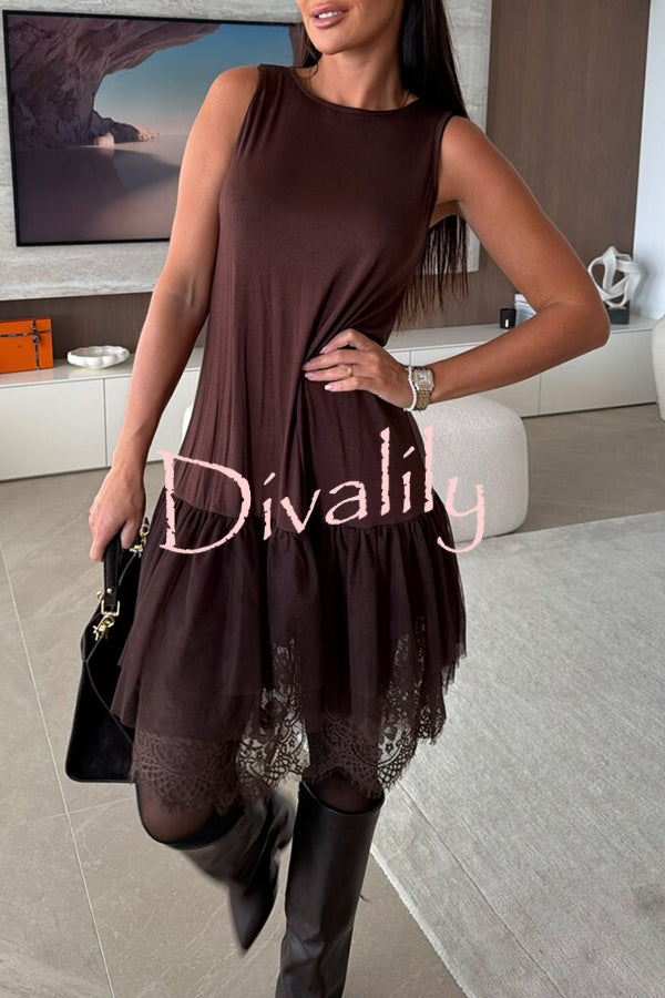 Upper East Chic Tulle Lace Tiered Hem Stretch Tank Midi Dress
