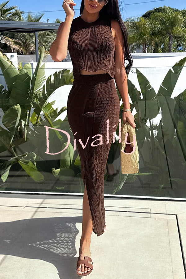 Solid Color Sleeveless Hollow Knit Crop Top and Elastic Slit Slim Midi Skirt Set