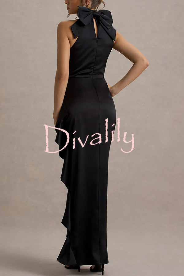 Maureen Satin High Neck Ruched Ruffle Slit Draped Maxi Dress