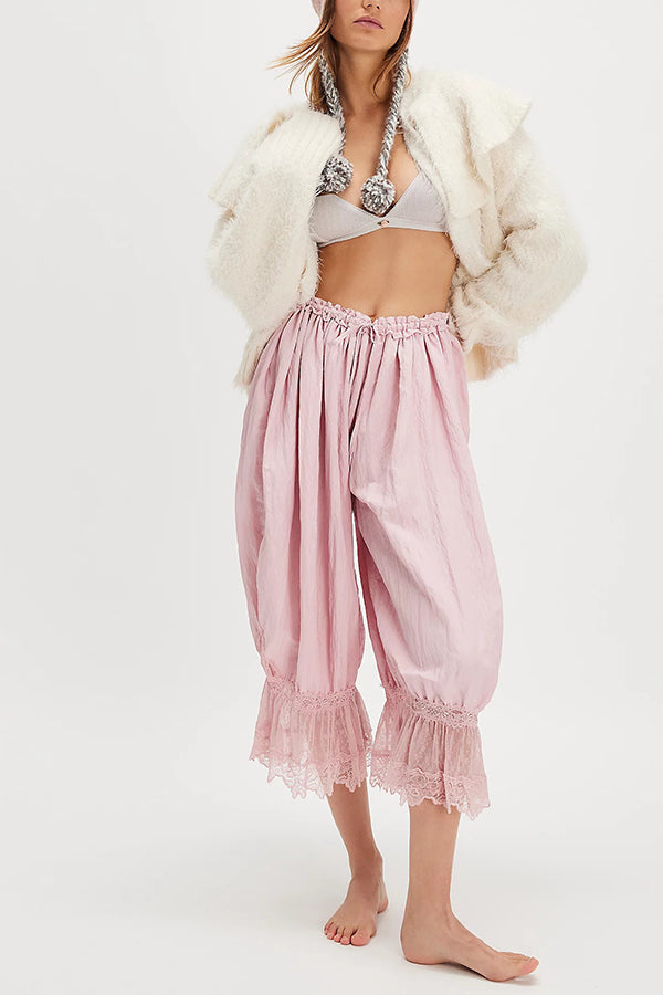 Pastoral Style Elastic Waist Lace Hem Bloomer Pants