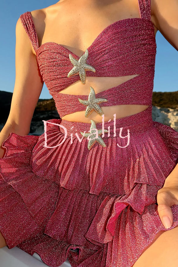 Little Mermaid Glitter Fabric Metal Starfish Hollow Layered Stretch One-piece Swimsuit