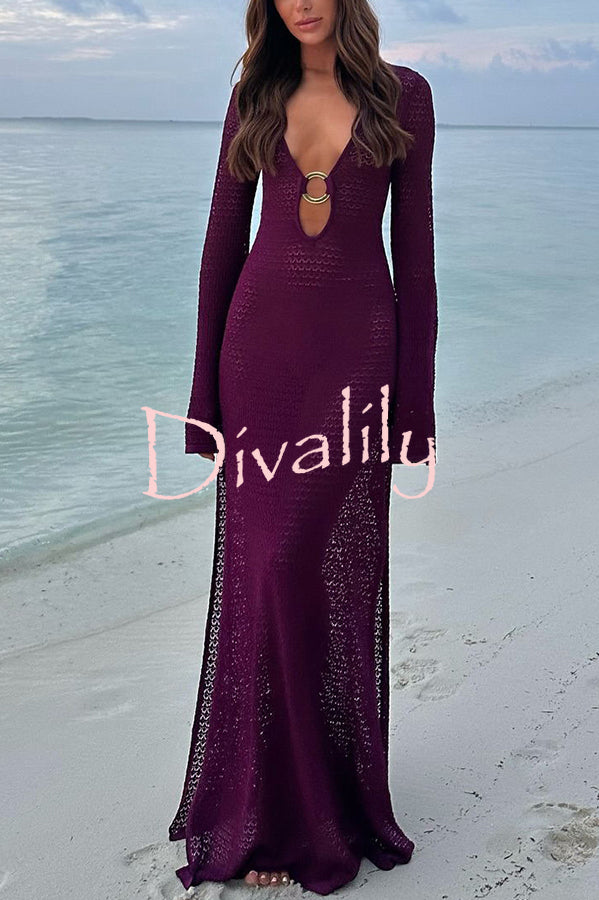 Seaside Goddess Crochet Knit Hollow Out Golden Ring Long Sleeve Cover-up Maxi Dress