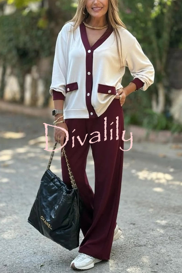 Stylish Color-blocked V-neck Knitted Button-down Cardigan and Elastic Waist Casual Wide-leg Pants Set