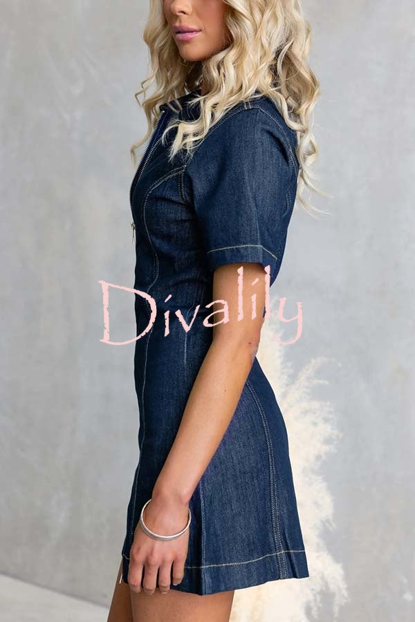 Street Chic Denim Shirt Neck Front Zip-up Stretch Mini Dress