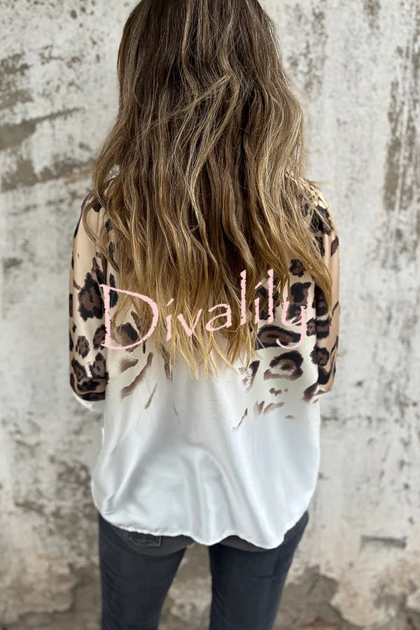 Classic Wild Satin Gradient Leopard Print Loose Short-sleeved Blouse