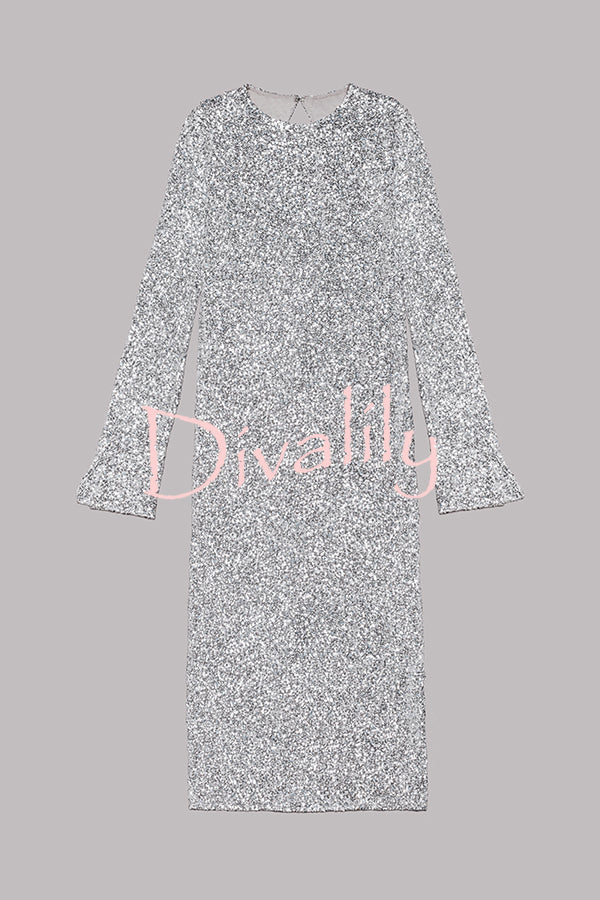 Ignite Sparkly Nights Sequin Extra Long Sleeve Open Back Loose Midi Dress