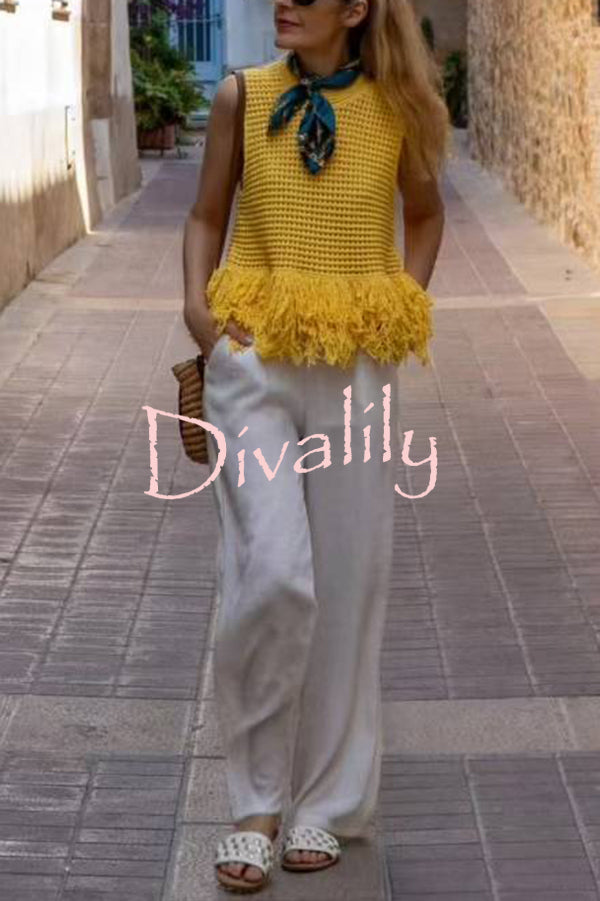 Solid Color Round Neck Sleeveless Hollow Tassel Loose Vest