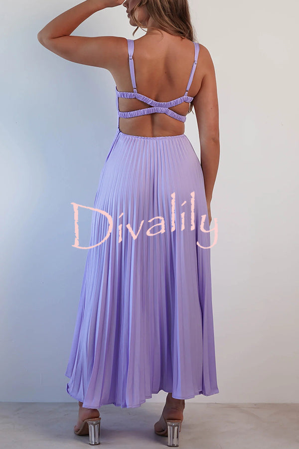 Satin Solid Color Sexy V-Neck Pleated Maxi Dress