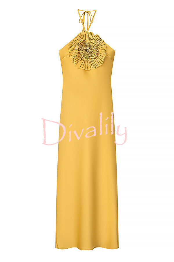 Fashionable Beaded Large Flower Decoration Halter Neck Backless Maxi Dress
