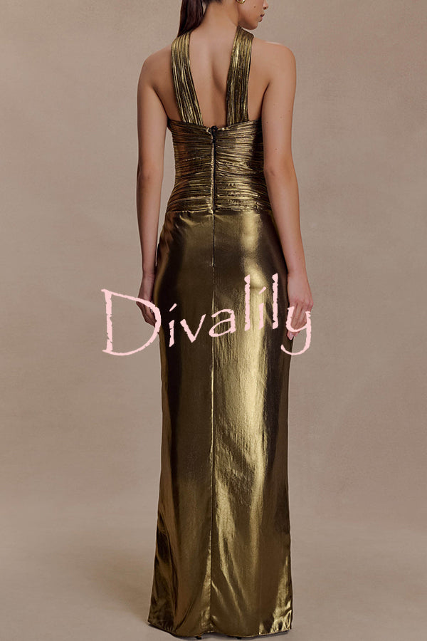 Clemence Plisse Metallic Fabric Reverse Halter Beck Strap Drape Slit Maxi Dress