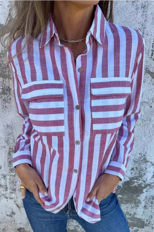 Striped Print Casual Pocket Shirt Top