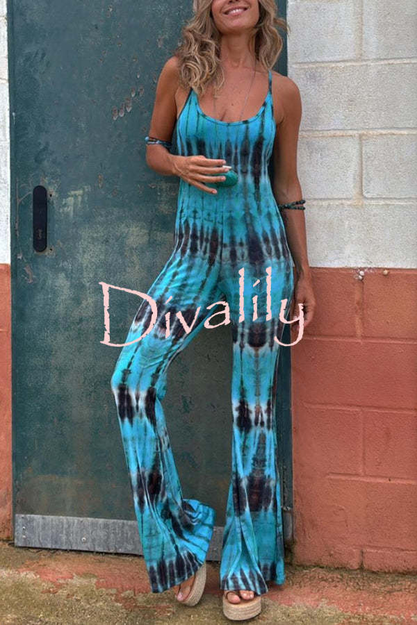 Exclusive Style Tie-dye Print Backless Tie-up Stretch Flared Jumpsuit