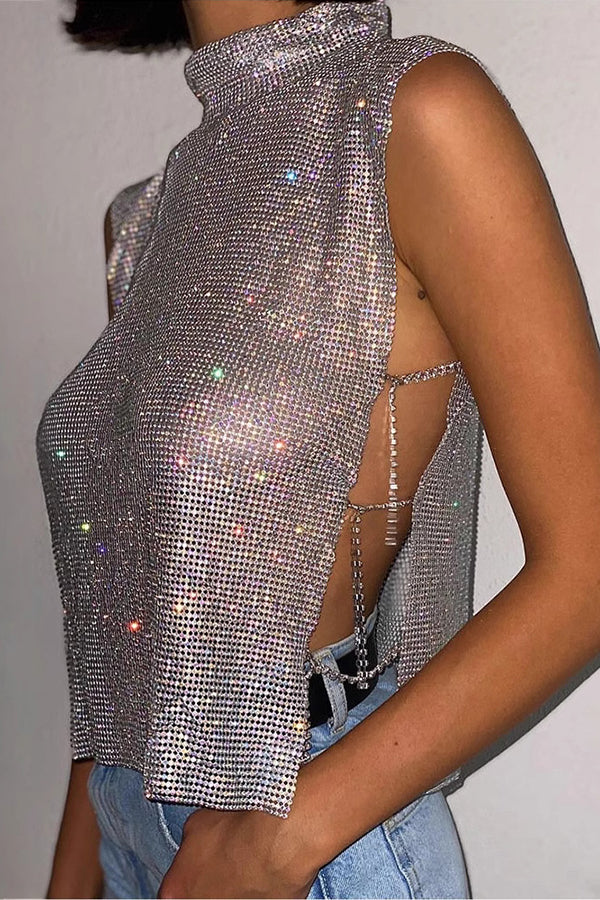 Sexy High-neck Rhinestone Metallic Top