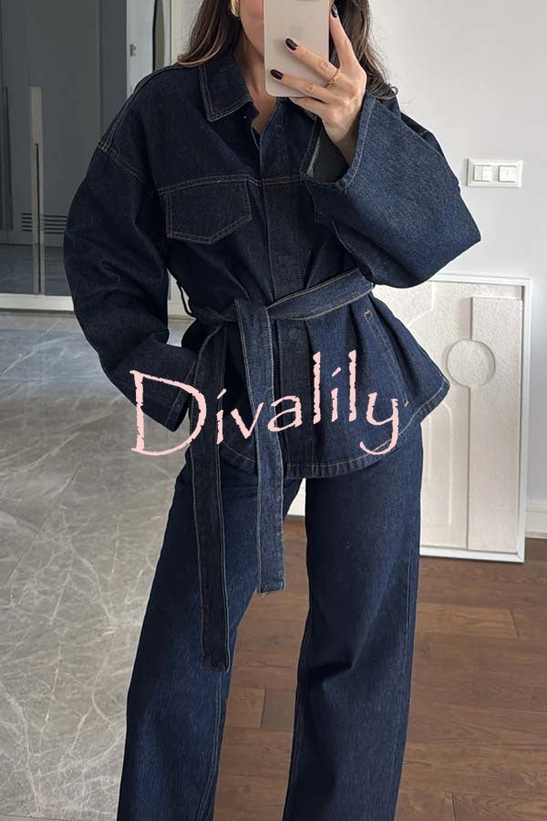 Fashion Workwear Style Denim Button Up Long Sleeve Pocket Lapel Jacket