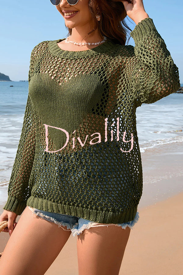 Solid Color Round Neck Long Sleeve Heart Knitted Beach Cover Up