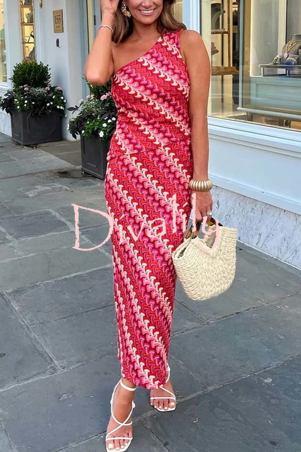 Ansela Knit Wave Unique Print One Shoulder Top and Stretch Maxi Skirt Set