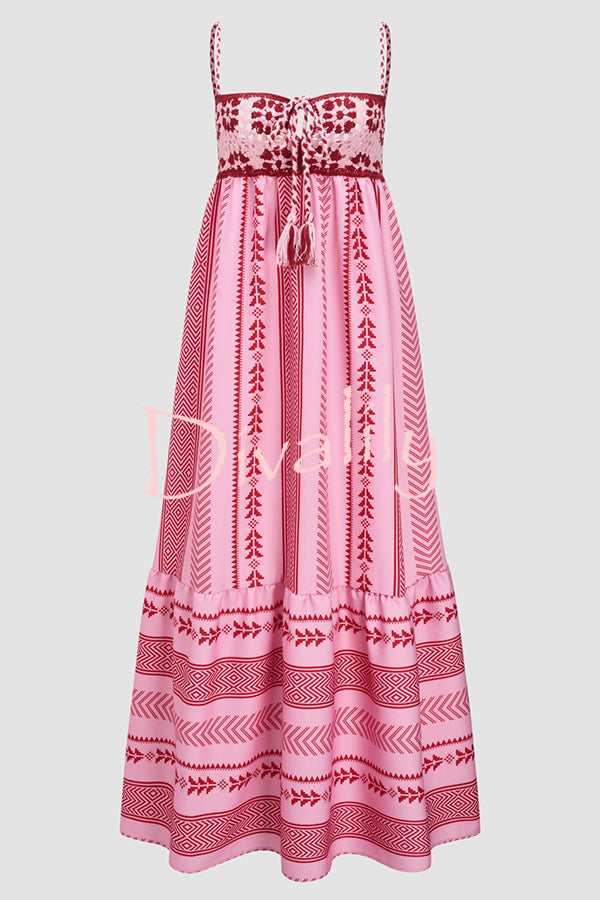 Unique Printed Patchwork Fringed Lace-up Maxi Dress