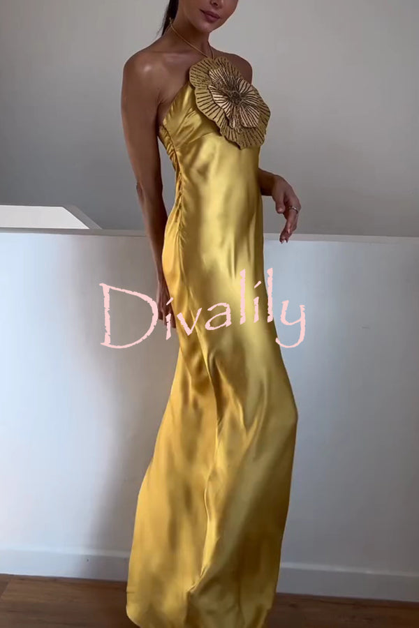 Fashionable Beaded Large Flower Decoration Halter Neck Backless Maxi Dress