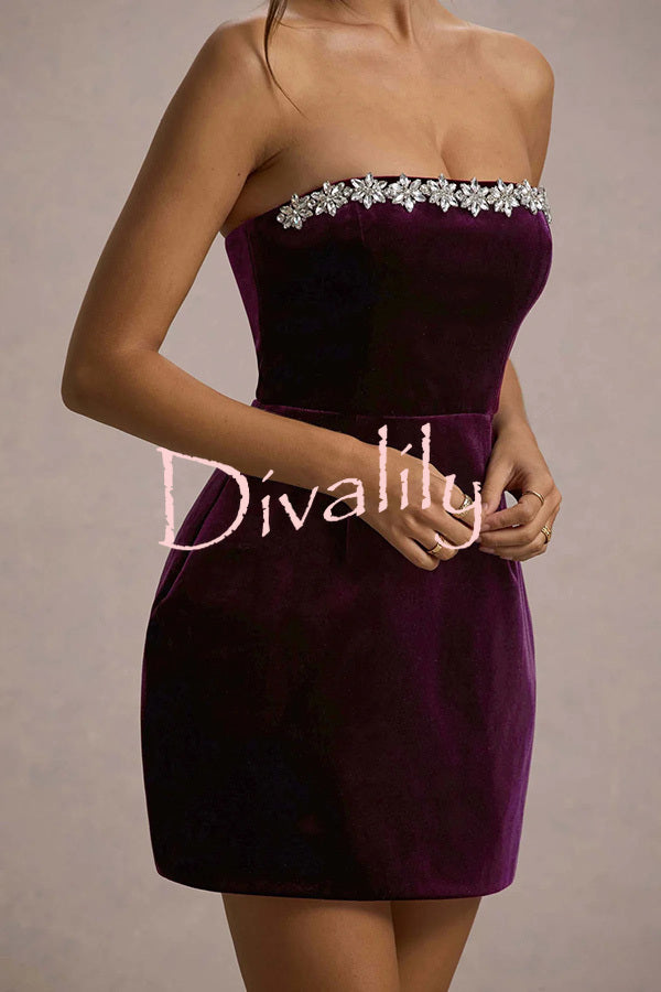 Effortlessly Elegant Velvet Jewel Embellished Trim Bandeau Mini Dress