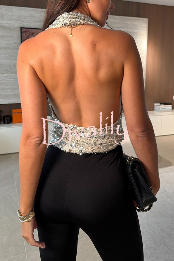Dazzling Night Sequin Halter Cowl Neck Backless Tank
