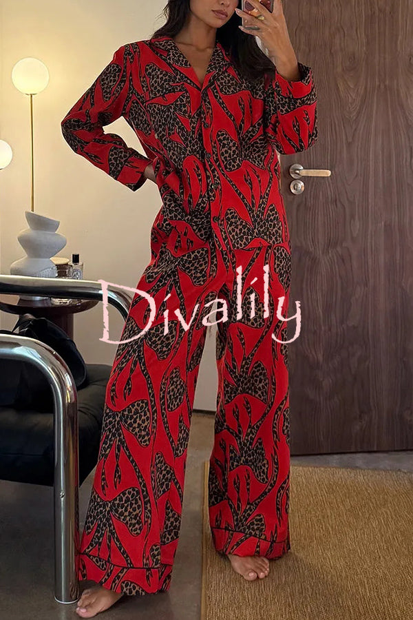 Stylish Colorblock Leopard Print Loose Shirt and Elastic Waist Pocketed Pajama Set