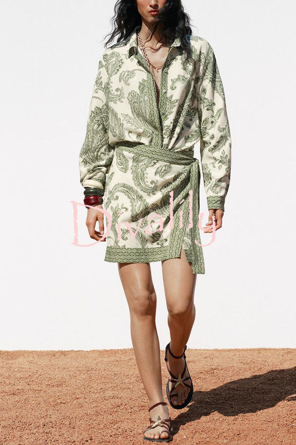 Blend Into Leaves Linen Blend Unique Print Long Sleeve Blouse and Wrap Tie-up Mini Skirt Set