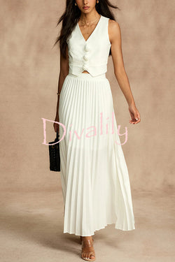 Stylish Rosette Sleeveless Tank Top and Pleated Maxi Skirt Set