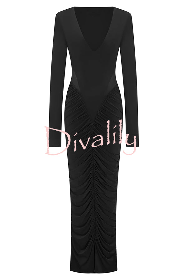 Sexy See-through Long-sleeved V-neck Pleated Slim-fit Maxi Dress