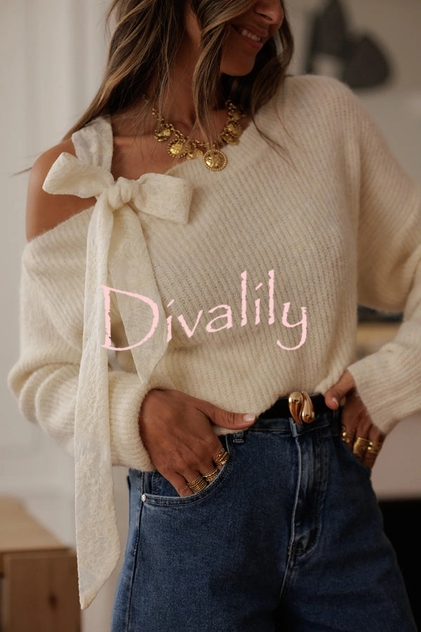 Solid Color Bow Tie Long-sleeved Casual Knit Sweater