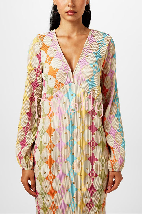 Gorgeous Sunshine Colorful Unique Print Kimono Puff Sleeve Midi Dress