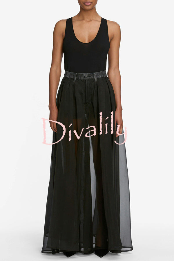 Avant-garde Fashion Denim Flowing Organza Patchwork Pocketed Wide Leg Jeans