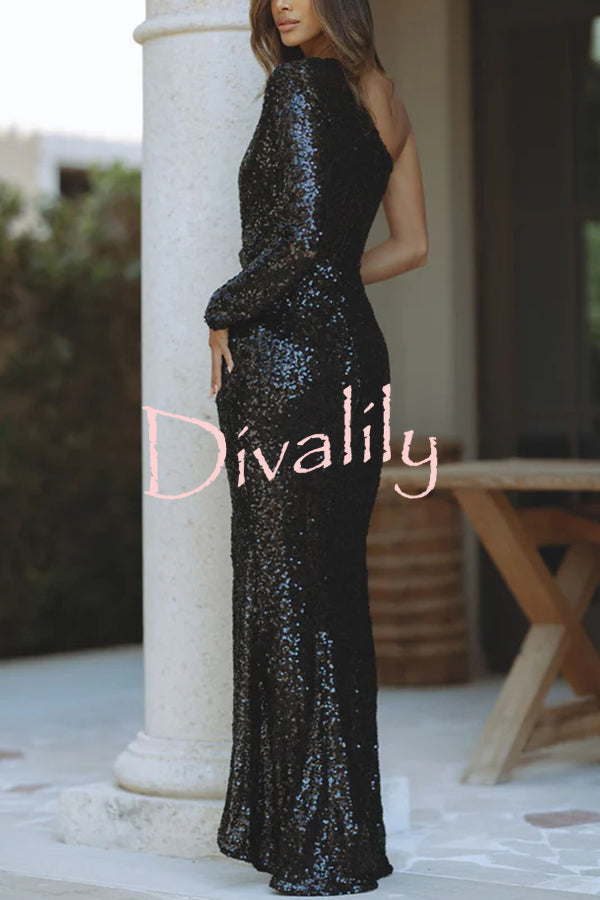 Hollywood Smiles Sequin One Padded Shoulder Slit Maxi Dress