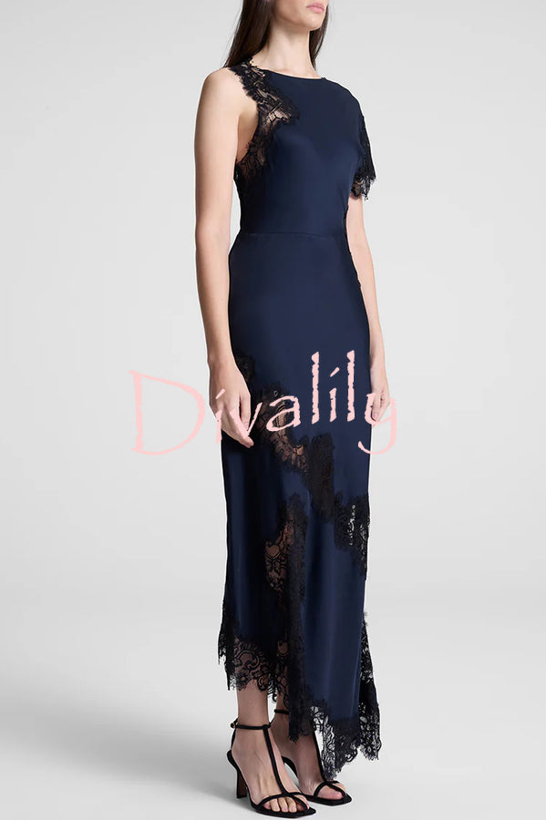 Paris Dream Satin Lace Trim Irregular Design Drape Maxi Dress